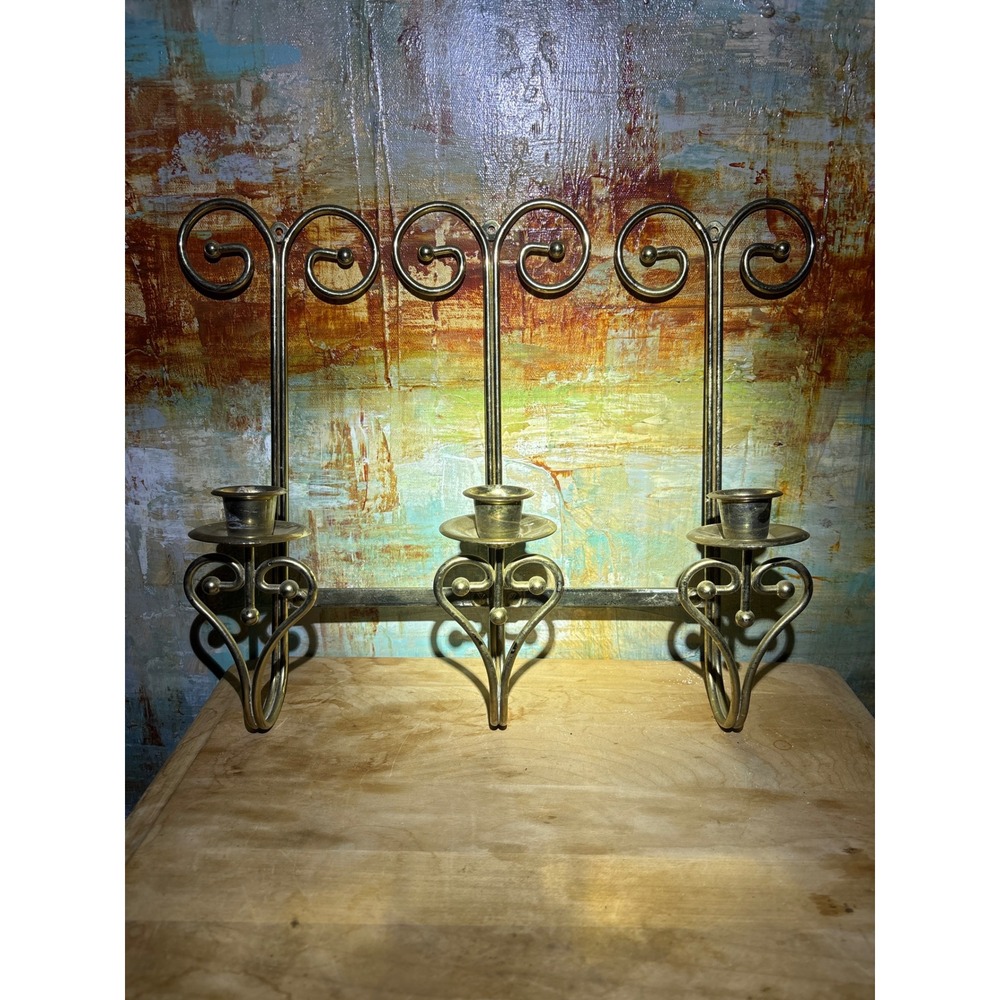Vintage Brass Triple Wall Sconce Taper Candle Holder Folding Scrollwork Heart